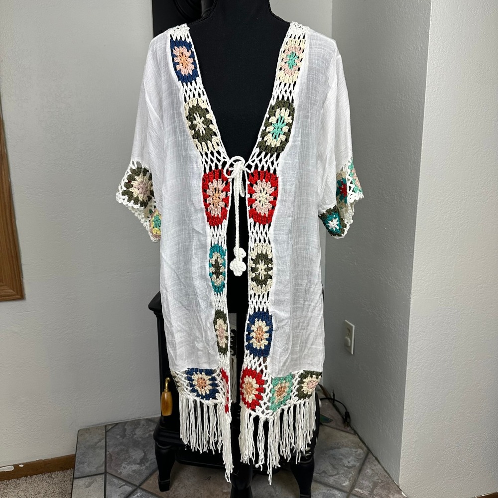 Boho White Crochet Granny Square Kimono Cardigan Fringe Festival Coverup OS